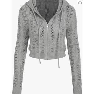 Cider Knit Hooded Zipper Hollow Out Cardigan in Gray, Women's Medium